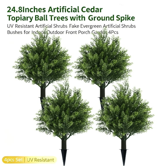 Strafriture 4PCS 24.8" Artificial Cedar Topiary Ball Trees with Ground Spike, Lifelike UV-Resistant Great for Indoors & Outdoor, Easy to Install