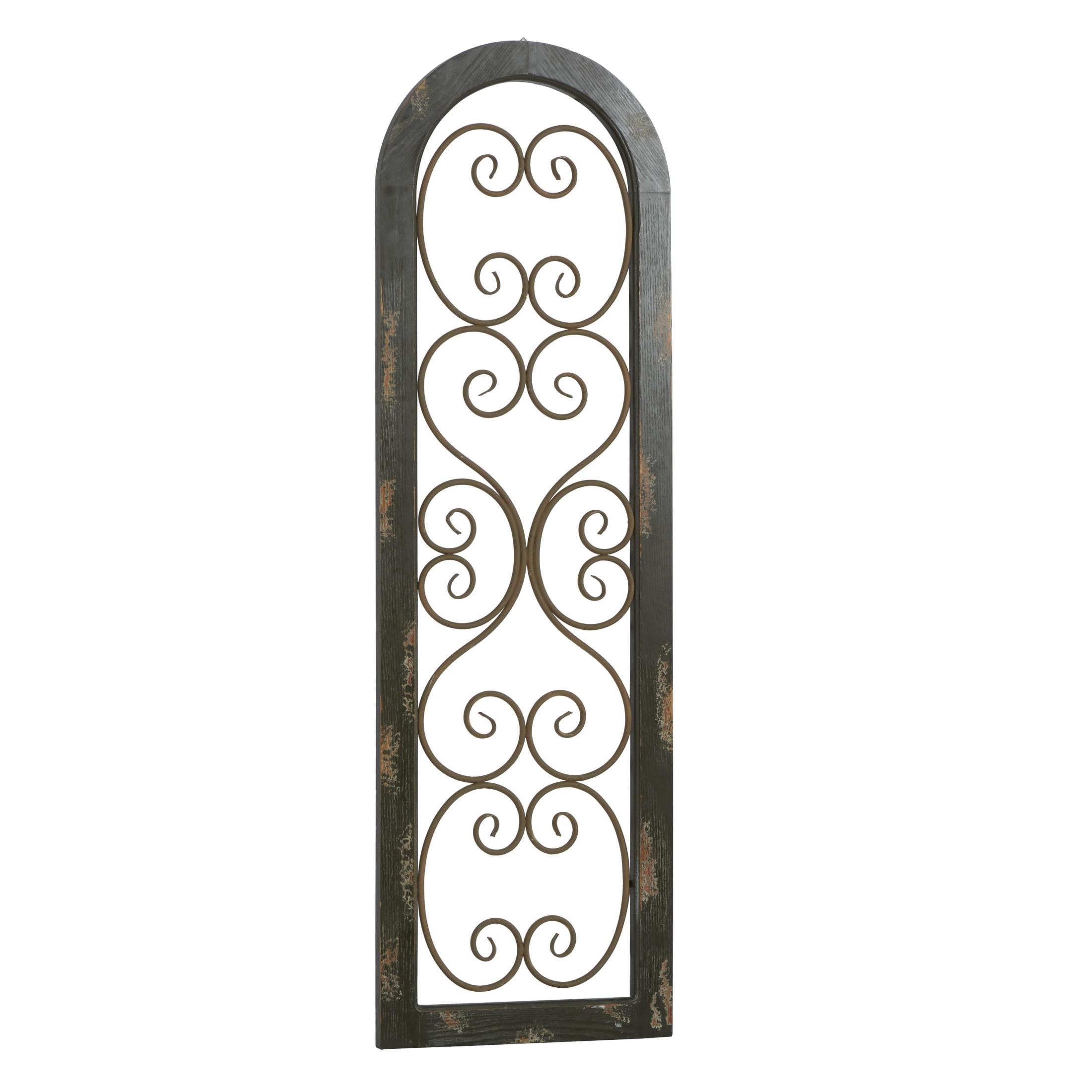 DecMode Brown Rustic Wood Scrollwork Pattern with Arched Frame Wall Décor, 15"W x 48"H