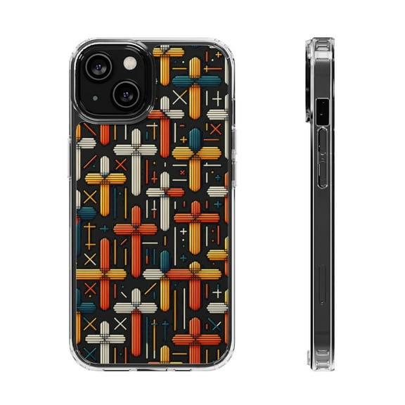 DistinctInk Hybrid (Acrylic / TPU) Clear Slim Fit Case for Apple iPhone 15 (6.1" Screen) - "Crisp Contrasts: Vibrant Christian Cross Patterns"
