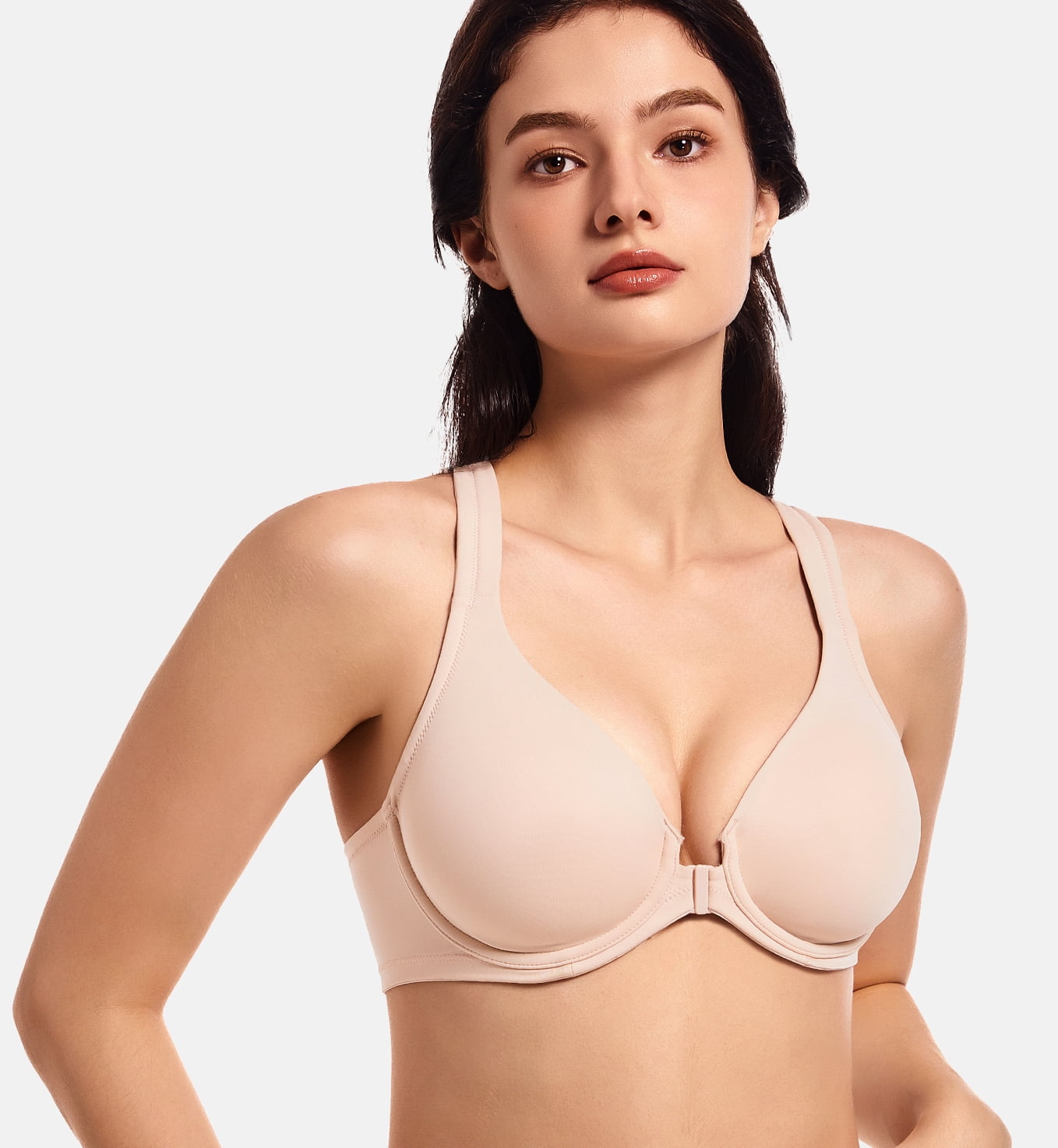 MELENECA Women's Racerback Front Closure Bras Plunge Unlined Full Coverage Seamless Underwire Bra Beige 48B