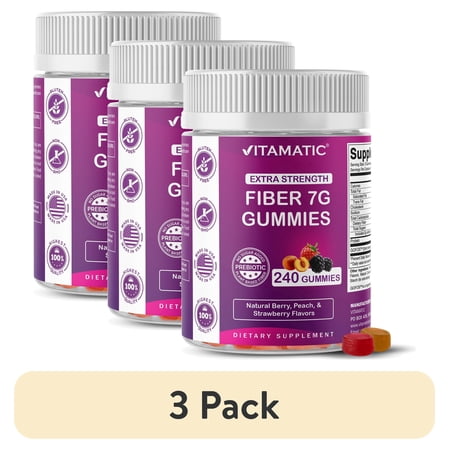 (3 pack) Vitamatic Prebiotic Fiber Gummies for Adults, 7G Extra Strength, Zero Sugar Added, 240 Pectin Based Gummies, Digestive Health & Regularity Support