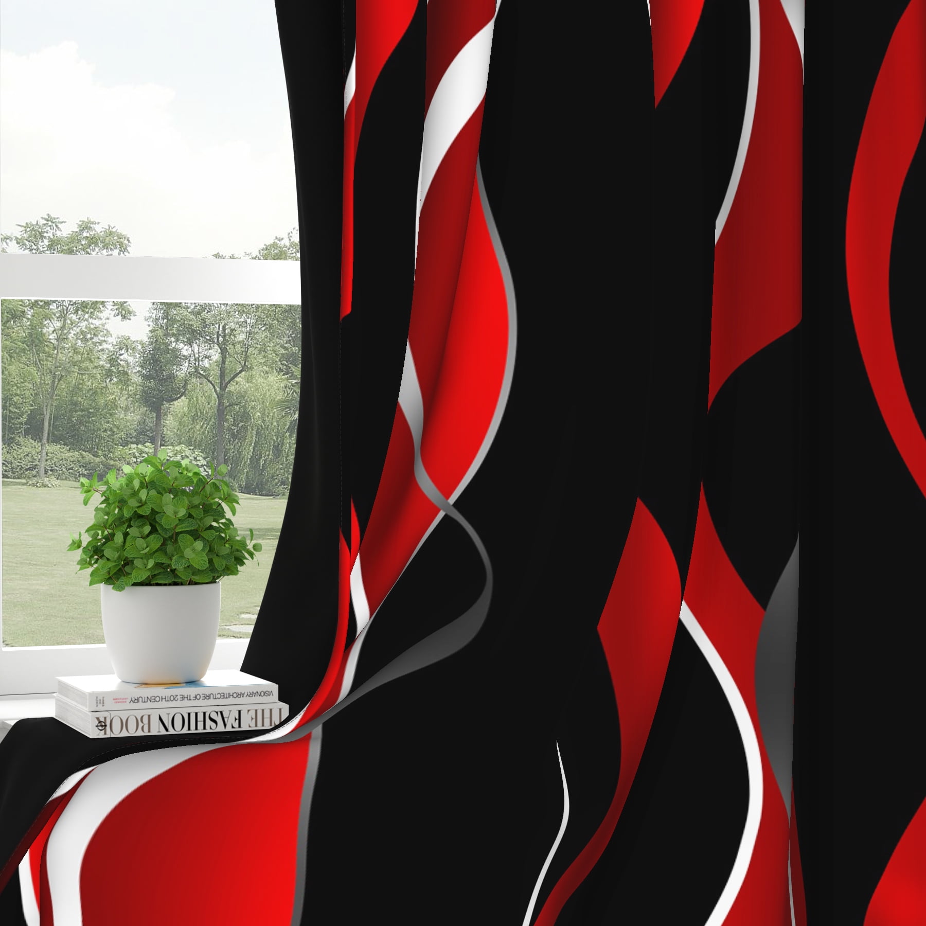 2 Panels Red and Black Blackout Curtain for Bedroom,Modern Striped Grommet Window Drapes for Living Room,52x84 Inch