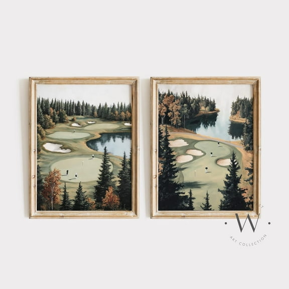Luvia Tiny Golfers Set Of Two, Vintage Style Golf Course, Autumn Art, Boys Room, Sage Green Nursery Art Ps168, Modern Decor Set 2 Prints 8x12 UNFRAMED
