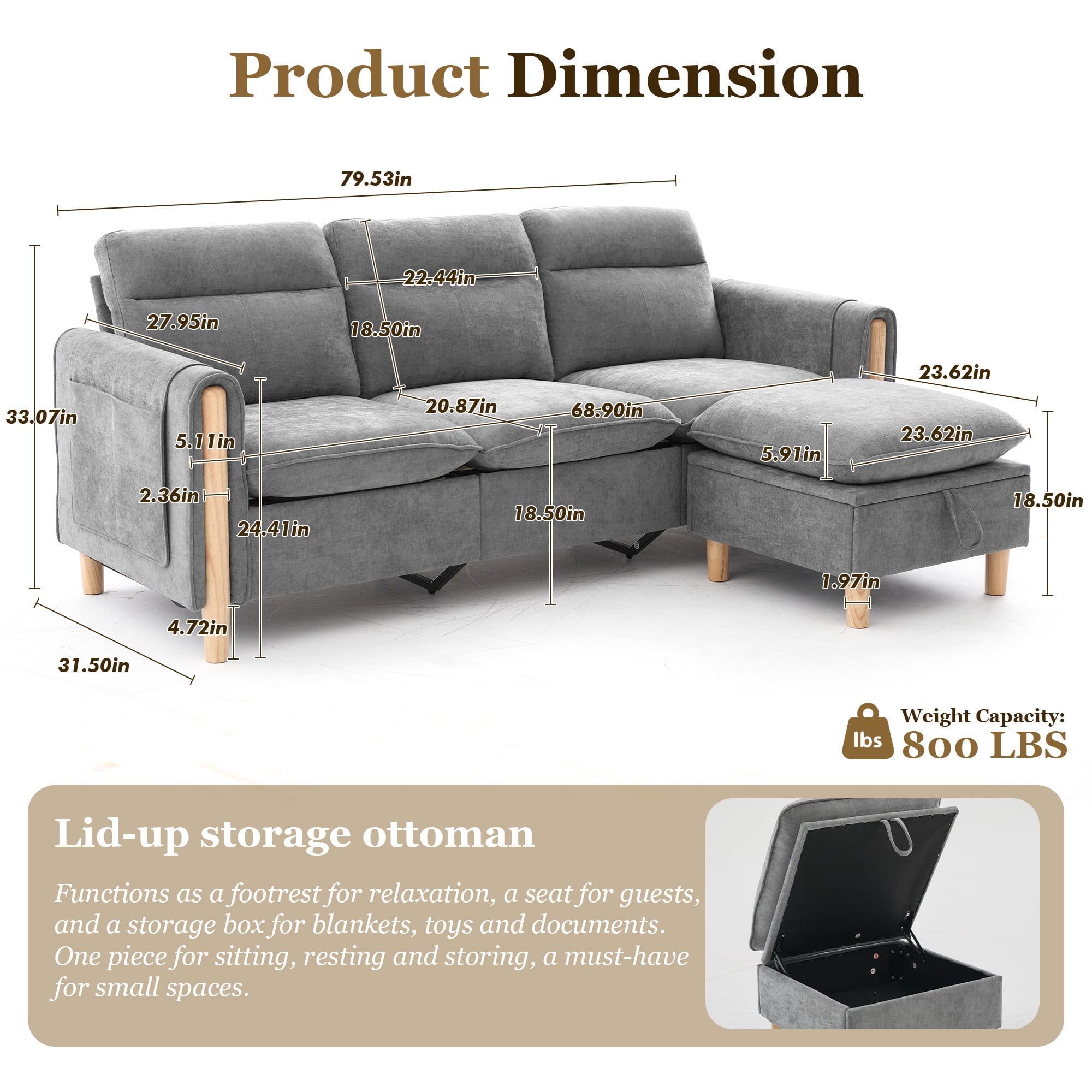 MOONMISS 3-Seater Chenille Sectional Sofa with Storage Ottoman & Side Pocket Convertible Chaise Lounge for Living Room,Gray