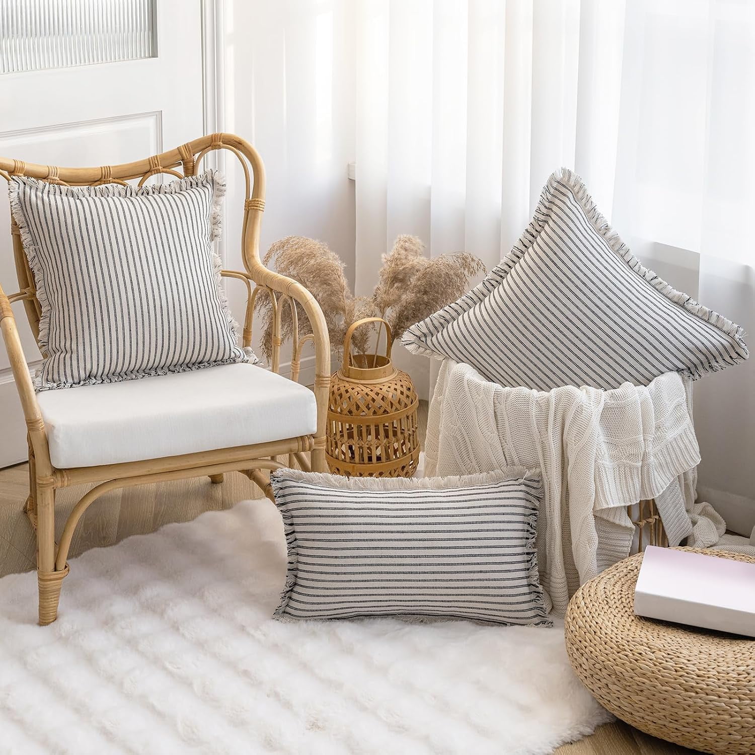 Lanola Throw Pillow Covers 22x22 Set of 2 Striped Fringe Pillow Cover Farmhouse Cushion Covers with Tassel Neutral Boho Pillows Decorative Square Pillowcase for Couch Sofa Bed, Red