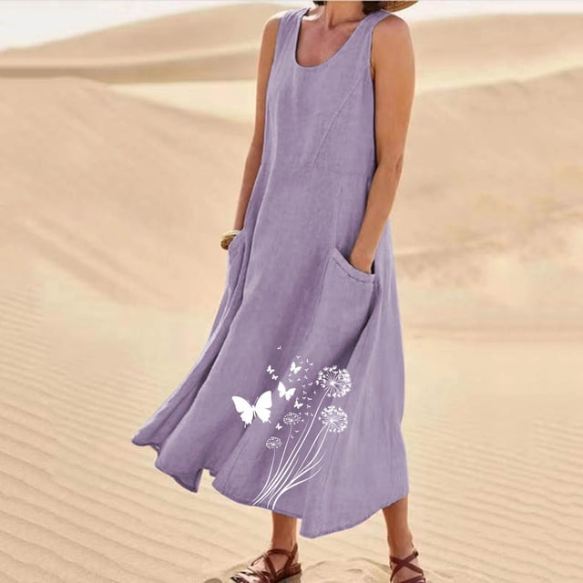 TIMIFIS Robes pour Femmes Décontractées Amples à Col Rond Sans Manches Robes d'Été Couleur Unie Coton Lin Robe Débardeur Confortable avec Poches
