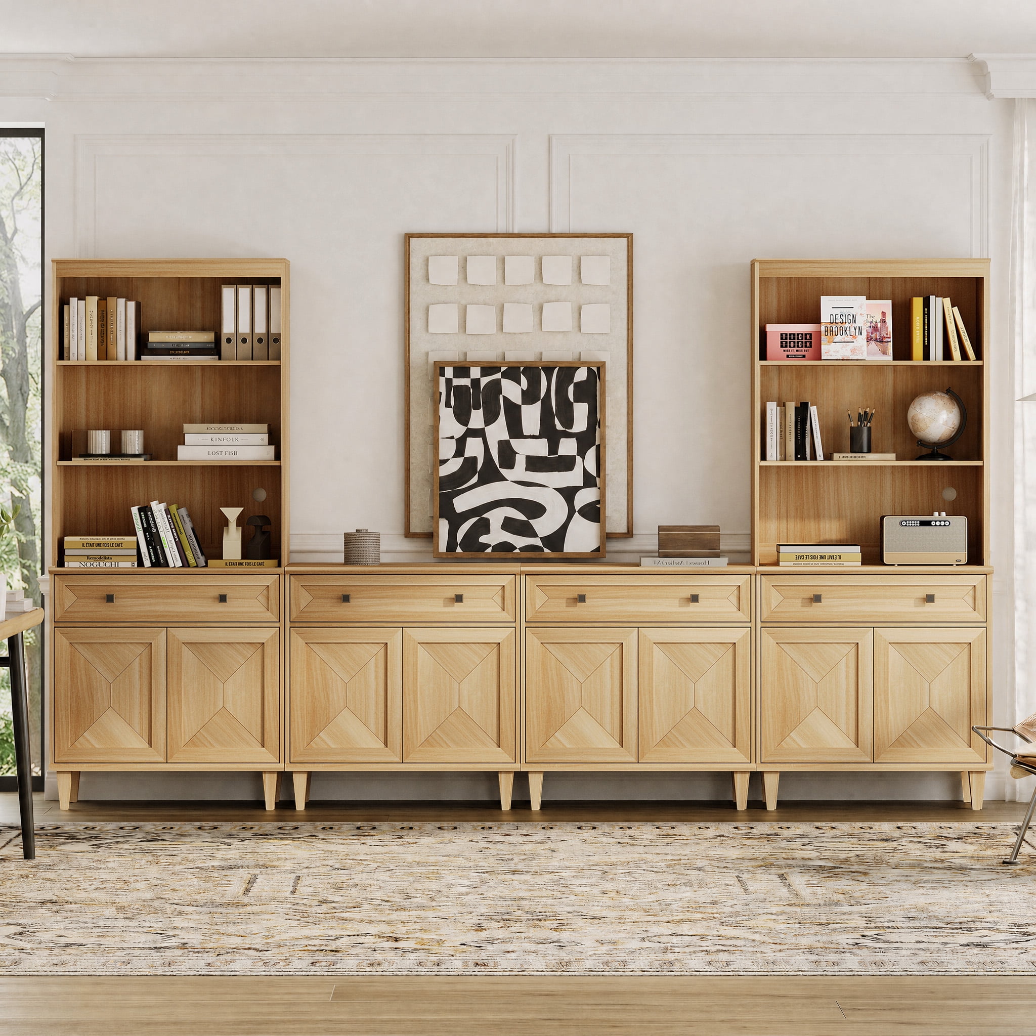 WAMPAT Patchwork 126" TV Stand with Cabinets and Shelves for 70" TV, Oak