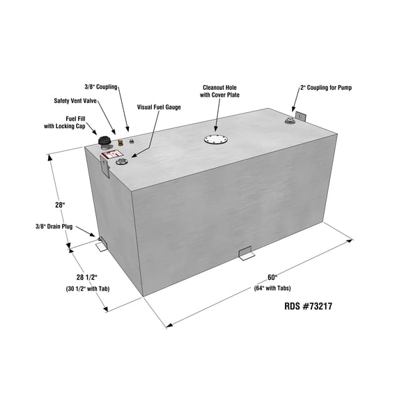 RDS Tanks Liquid Transfer Tank 73217 DOT Approved; Diesel; 200 Gallon Capacity; Rectangle; Smooth Mill; Aluminum; Used For Transferring Fuel To Automobiles/Boats/4-Wheelers/Generators
