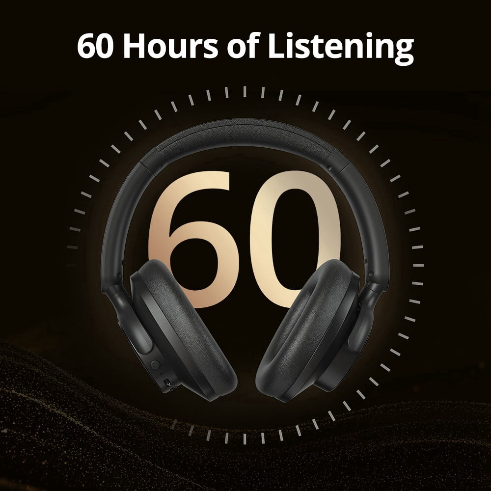 Tronsmart Q20S Hybrid Active Noise Cancelling Headphones, Comfort Wireless Over-Ear Headsets, 60H Playtime, Hi-Res Audio Deep Bass - Black