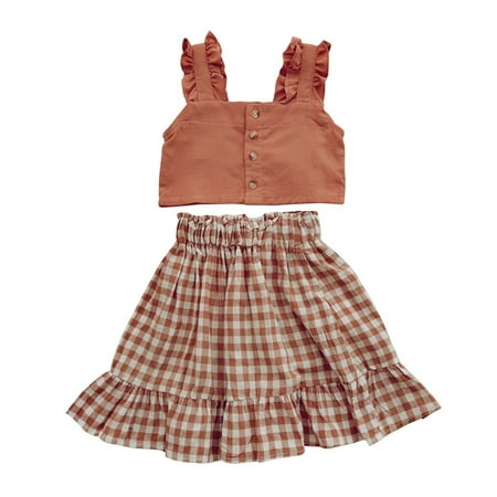 

Qufokar Baby Girl Gifts Organic Girls Clothes 2T-3T Toddler Kids Baby Girls Strap Ruffle Vest T Shirt Tops With Button Plaid Skirt 2Pcs Outfits Clothes Set