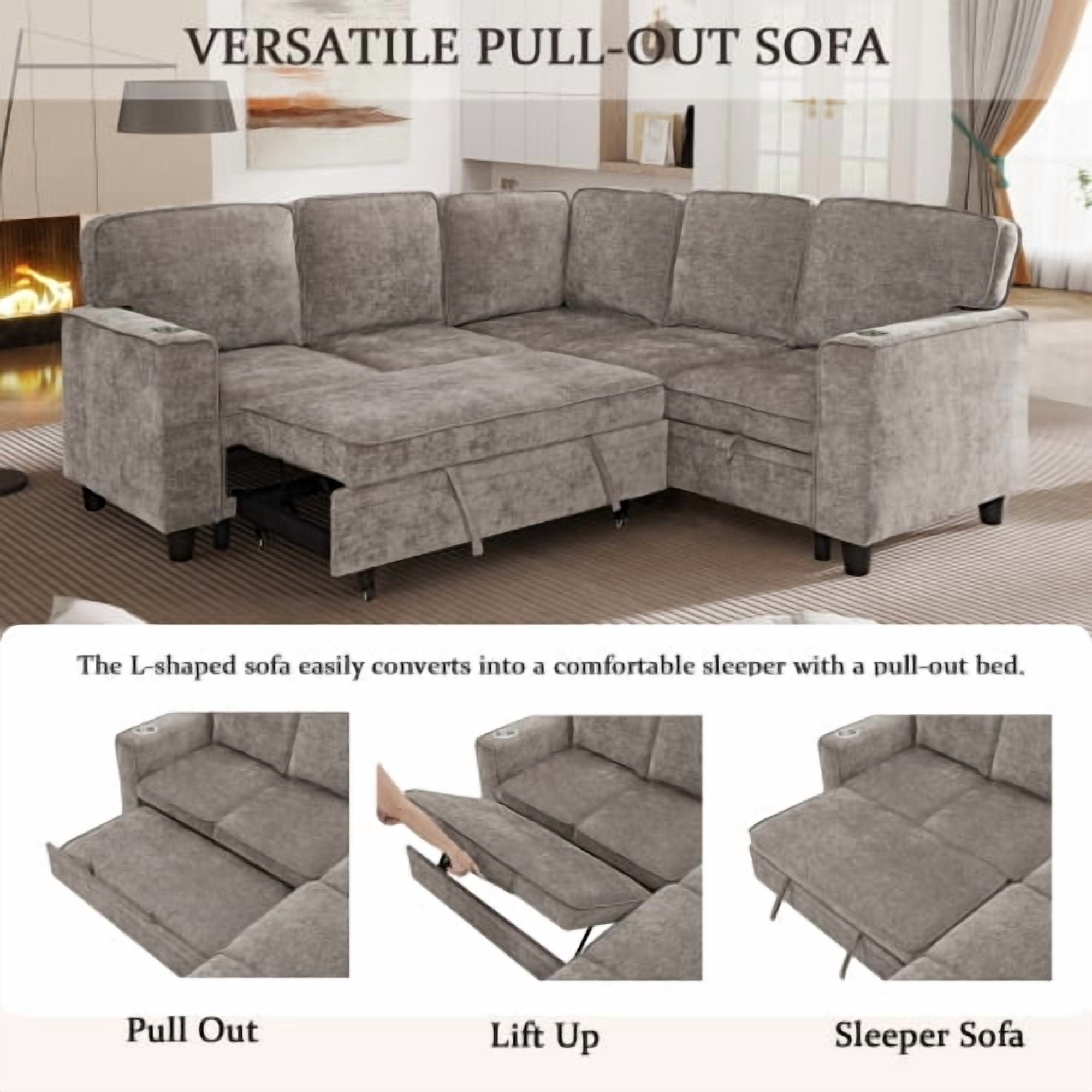 81" L-Shaped Sectional Sofa Bed with Pull Out Sleeper & Storage Seat, 5-Seat Convertible Couch with USB & Type-C Ports, Light Brown