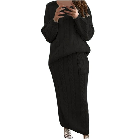 Cable Knit Sweater Dress for Women Solid Slim Fitting Sweater Dress Set 2 Piece Crewneck Tops Pencil Midi Skirt Set