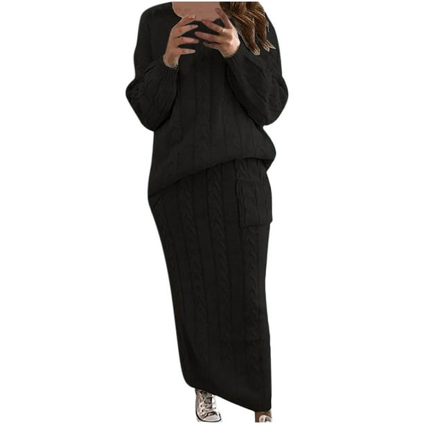 DPTALR Womens Solid Color Round Neck Long Sleeve Cable Knitted Warm Two- Piece Skirt Sweater Suit Set 
