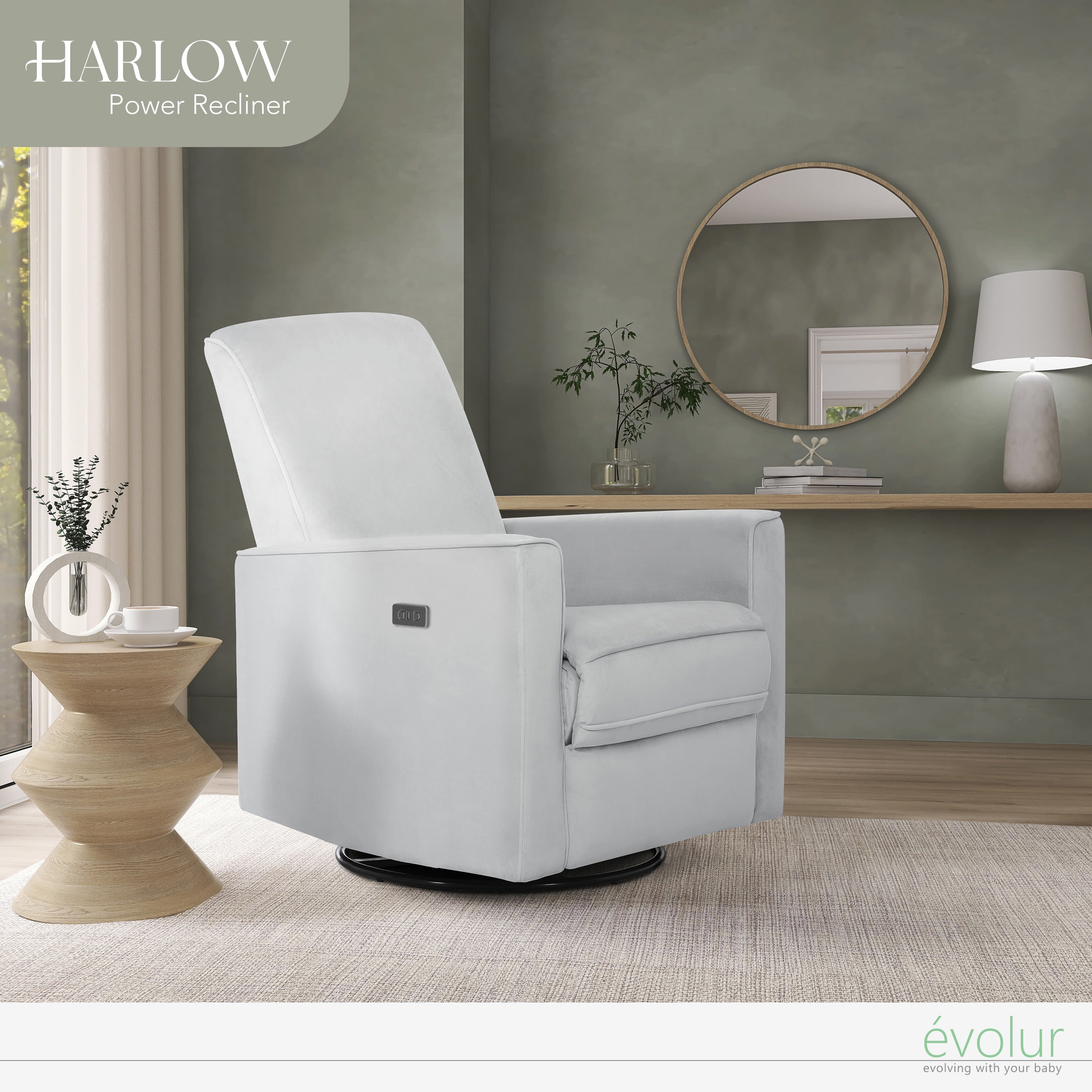 Evolur Harlow Deluxe Upholstered Plush Seating Glider Swivel, Power Recliner with USB Port, Greenguard Gold Certified, Glider Chair for Nursery, Mystic Gray