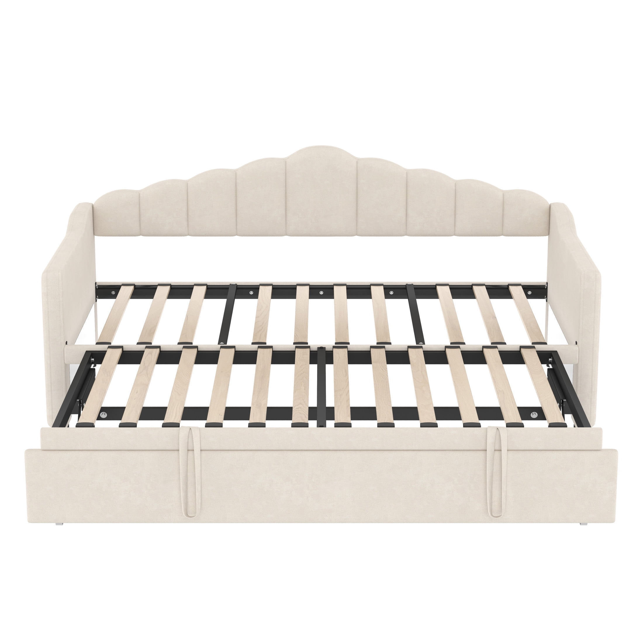 Noble House Upholstered Twin Size Daybed with Adjustable Height Pop Up Trundle Twin Bed and Charging Port 2 Side Pockets,Beige