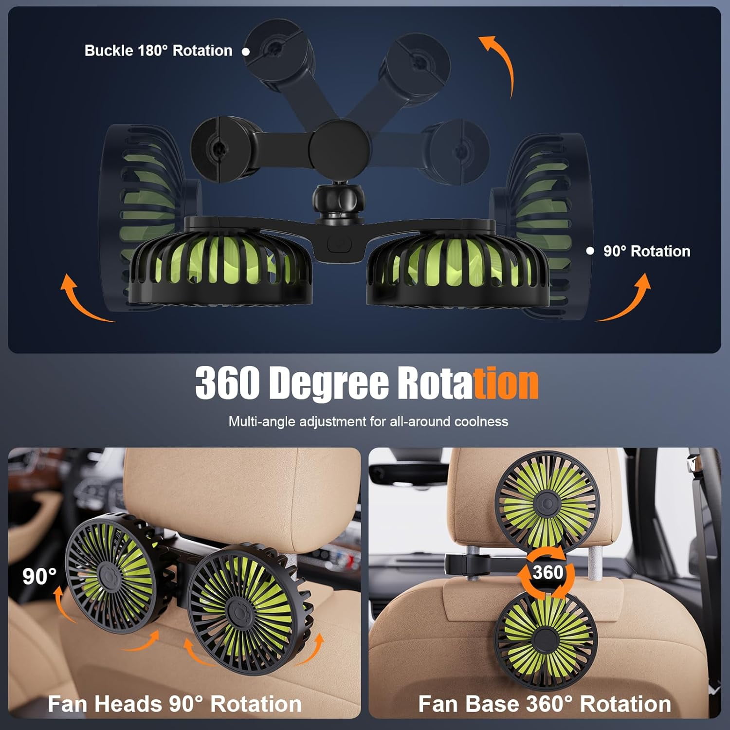 Wiher Car Fan for Backseat, Dual Head USB Car Seat Fan, 3 Speeds Strong Wind 360° Rotatable Vehicle Rear Headrest Fan for Car, Air Circulation Car Fans with Adjustable Clip for All Car Models
