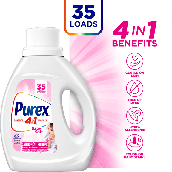 Purex Baby Soft, 4 in 1 Concentrated Hypoallergenic Liquid Laundry Detergent for Babies, Free of Dyes, Pediatric Dermatologist Tested, Gentle on Skin, 1.17L, 35 Wash Loads, HE Compatible, 1 bottle
