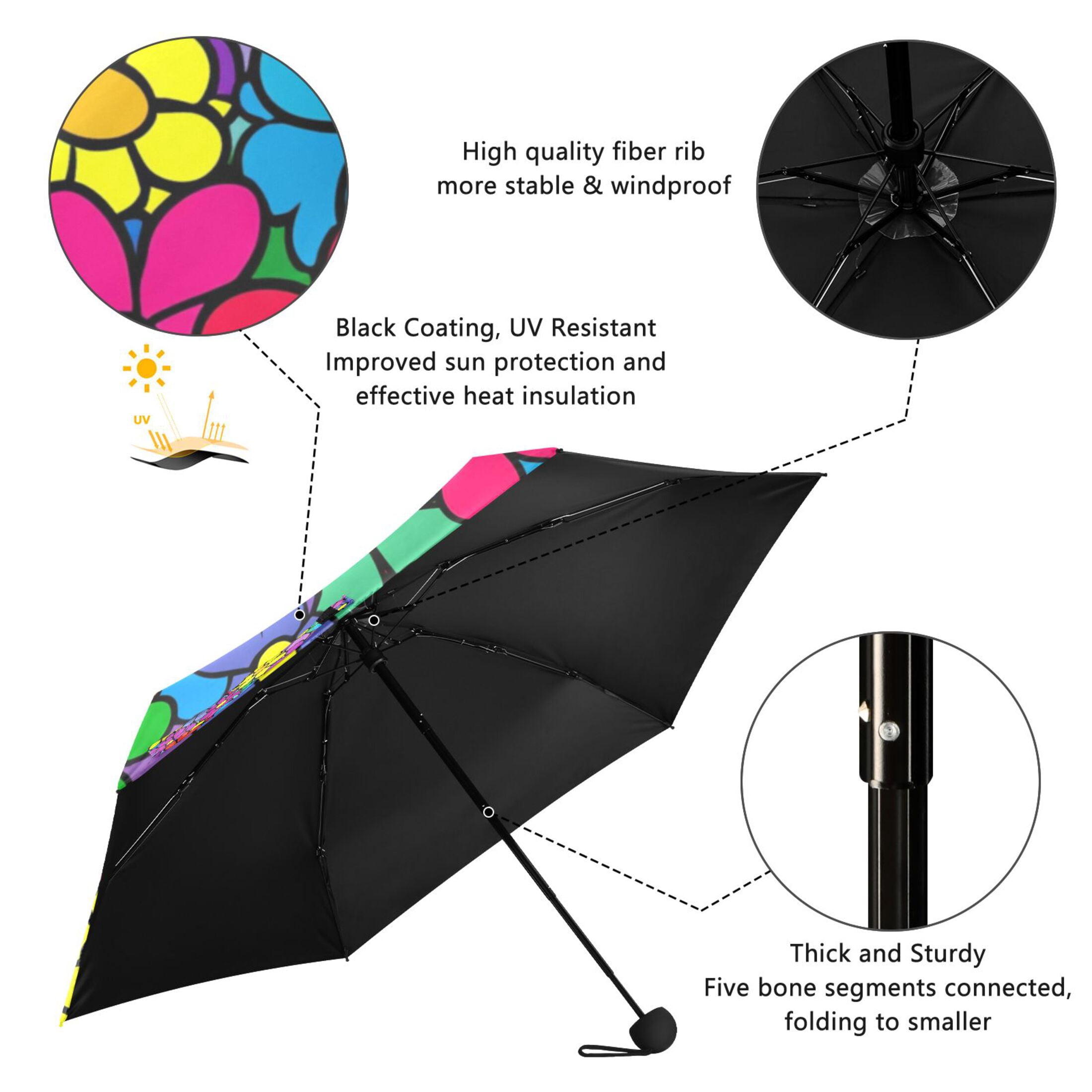 Colorful Floral Explosion Umbrellas for Sun Auto Open Close UV50+ Waterproof 5-Fold Compact Fiberglass Frame