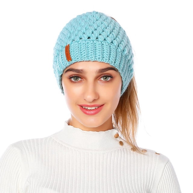 Gorra de Cola de Caballo para Mujer, Invierno, Cálido, Suave, Elástico, de Punto de Cable, Alto Desordenado, con Gorra con Lazo para Camisola - Azul Baoblaze Gorro con cola de caballo