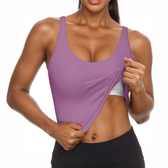 Vmvidoty Women's Double Lined Scoop Neck Tank Top Sleeveless Basic Crop Tops Trendy Going Out Tops Purple M