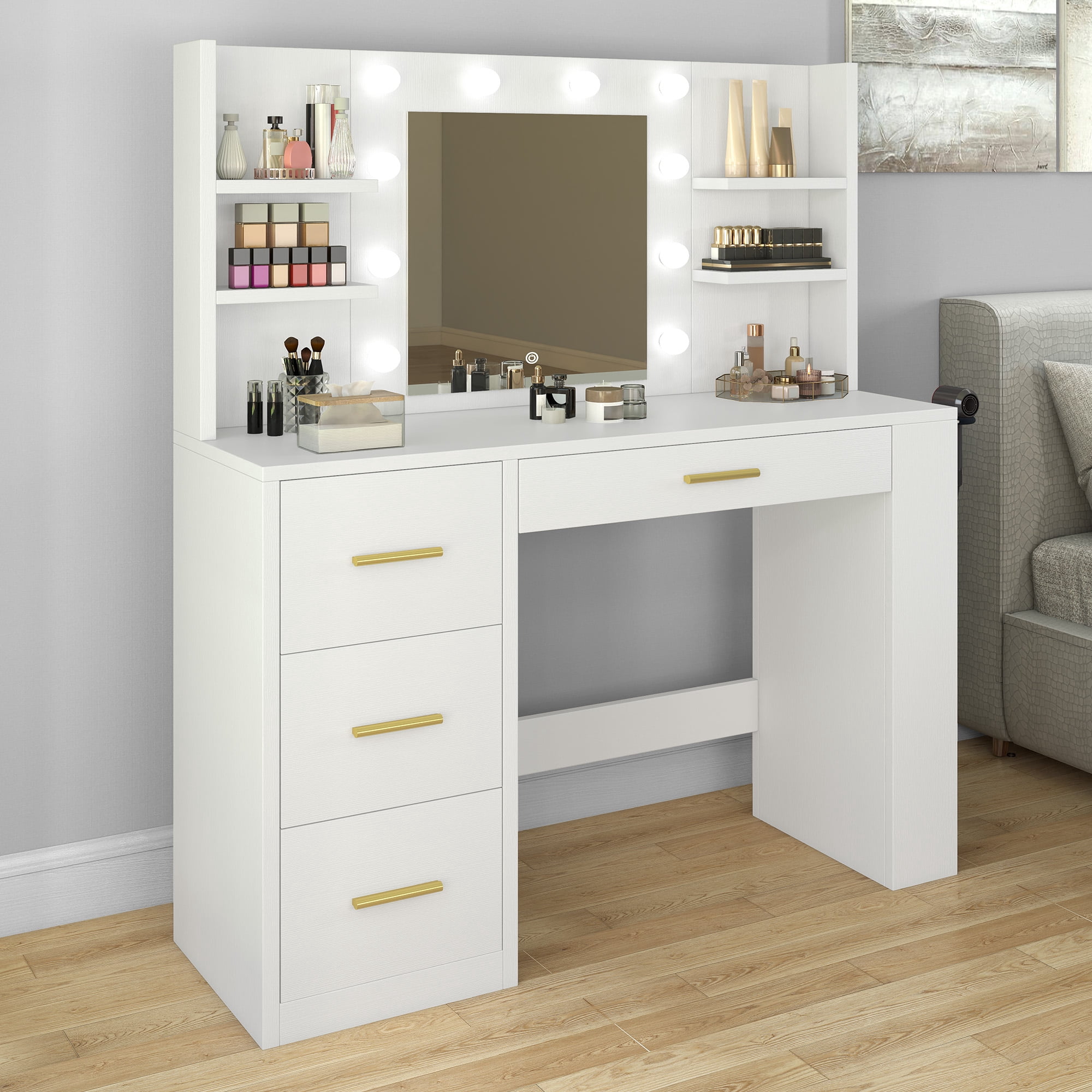 Uforic Makeup Vanity Desk with Mirror & 10 Lights, Vanity Desk with Power Outlet, 4 Drawers & 8 Storage Shelves - White