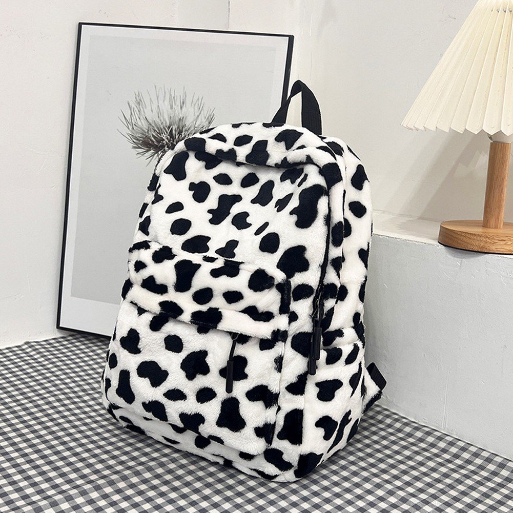 Jiibva Plush Animal Cow Print Backpack for Women Stylish Bag Personalized Travel Shoulder Bag Bookbag Trendy Daypack Purse