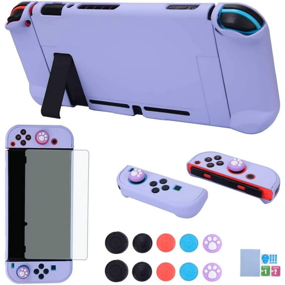 Dockable Case for Nintendo Switch - COMCOOL 3 in 1 Protective Cover Case for Nintendo Switch and Joy-Con Controller with Screen Protector and Thumb Grips - Purple