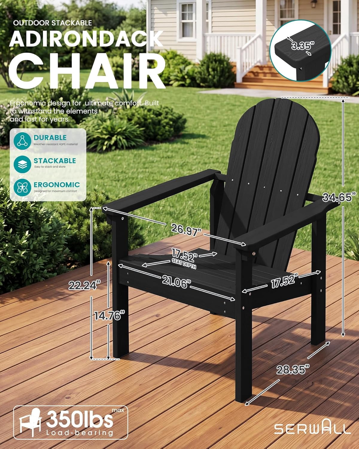 WBTER Stackable Modern Adirondack Chair, HDPE Outdoor Patio Chair with Space-Saving Design, All-Weather Fire Pit Chair with Widened Seat for Deck, Backyard, Garden, Lawn (Black)