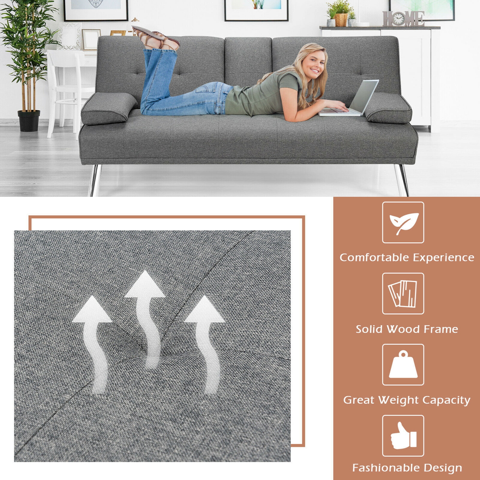 Gymax Folding Futon Sofa Bed Fabric w/2 Cup Holders Light Gray