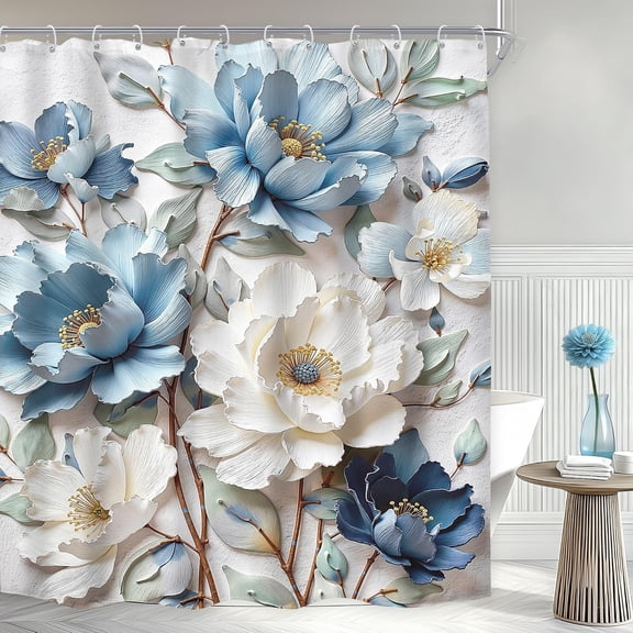 Blue And White Floral Shower Curtain For Bathroom Embossed Flower Fabric Waterproof Shower Curtain With Hooks 71x71 inches