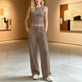 thumbnail image 3 of FRSASU Women's Gym Sets Crew Neck Vest Loose Trousers Suits Workout Athletic Yoga Training Casual 2 Pecs Tracksuits Khaki, 3 of 7