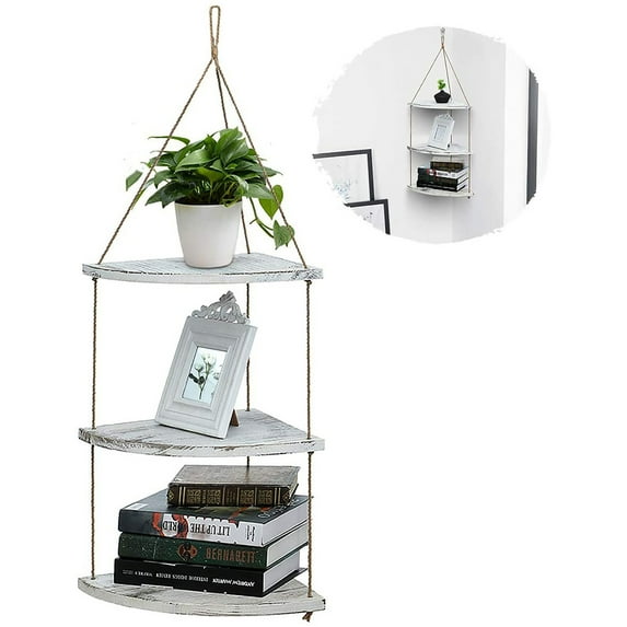 Wood Swing Hanging Rope Wall Mounted Shelves Plant Flower Pot Rack Floating Wall Shelves Indoor Outdoor Home Decoration