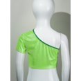 thumbnail image 4 of Yhong Kids Girls Shiny Sparkly One Shoulder Short Sleeve Dance Crop Top Hip Hop Street T-Shirts Fluorescent Green 170, 4 of 7