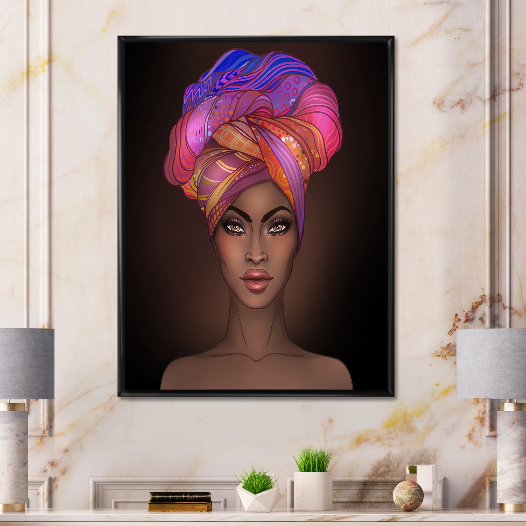 Designart 'African American Woman Portrait with Turban VI' Modern Framed Canvas Wall Art Print