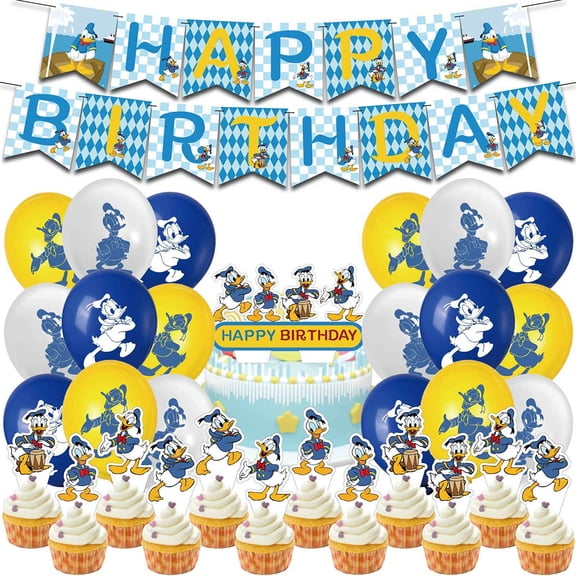New Birthday Party Decoration Set Blue Cartoon Duck Theme Party Latex Balloons Happy Birthday Banner Cake Cards Supplies Props