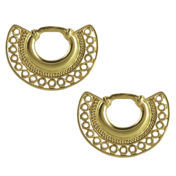 Across The Puddle, Historical Jewelry Collection, 24k Gold Plated Pre-Columbian Embossed Tairona Crescent Drop Earrings