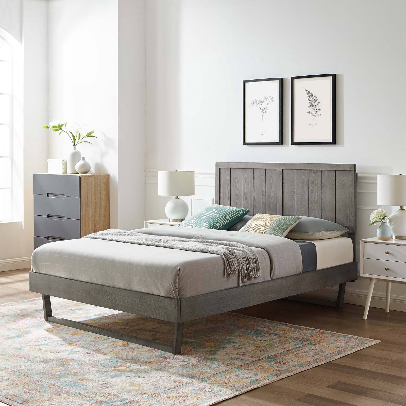 Platform Bed Frame, King Size, Wood, Grey Gray, Modern Contemporary Urban Design, Bedroom Master Guest Suite