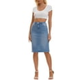 thumbnail image 2 of INSPIRE CHIC Women's Jean Skirt High Waist Back Slit Stretch Below Knee Length Denim Skirts L Light Blue, 2 of 6