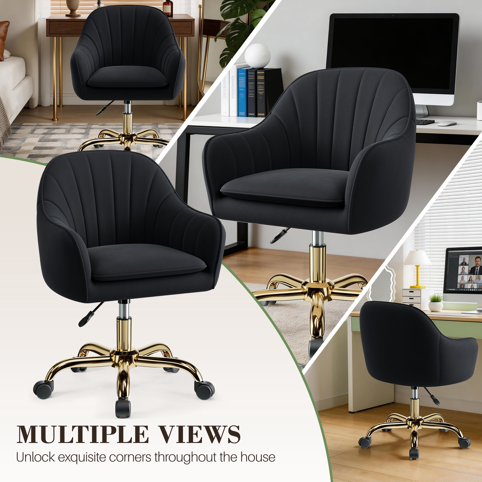 COOLHUT Office Desk Chair with Padded, Velvet Vanity Chair with Back and Wheels, Comfy Home Office Chiar with Gold Legs, Height Adjustable, Rolling Chair for Vanity Room, Makeup Room, Bedroom, Black