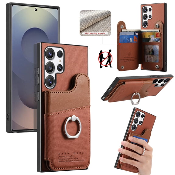Designed for Samsung Galaxy S24 Ultra Back Wallet Case with Card Holder Slots, [Rotatable Ring Holder Stand & Secure Grip Ring] [RFID Blocking PU Leather Protection] Shockproof Cover, Brown