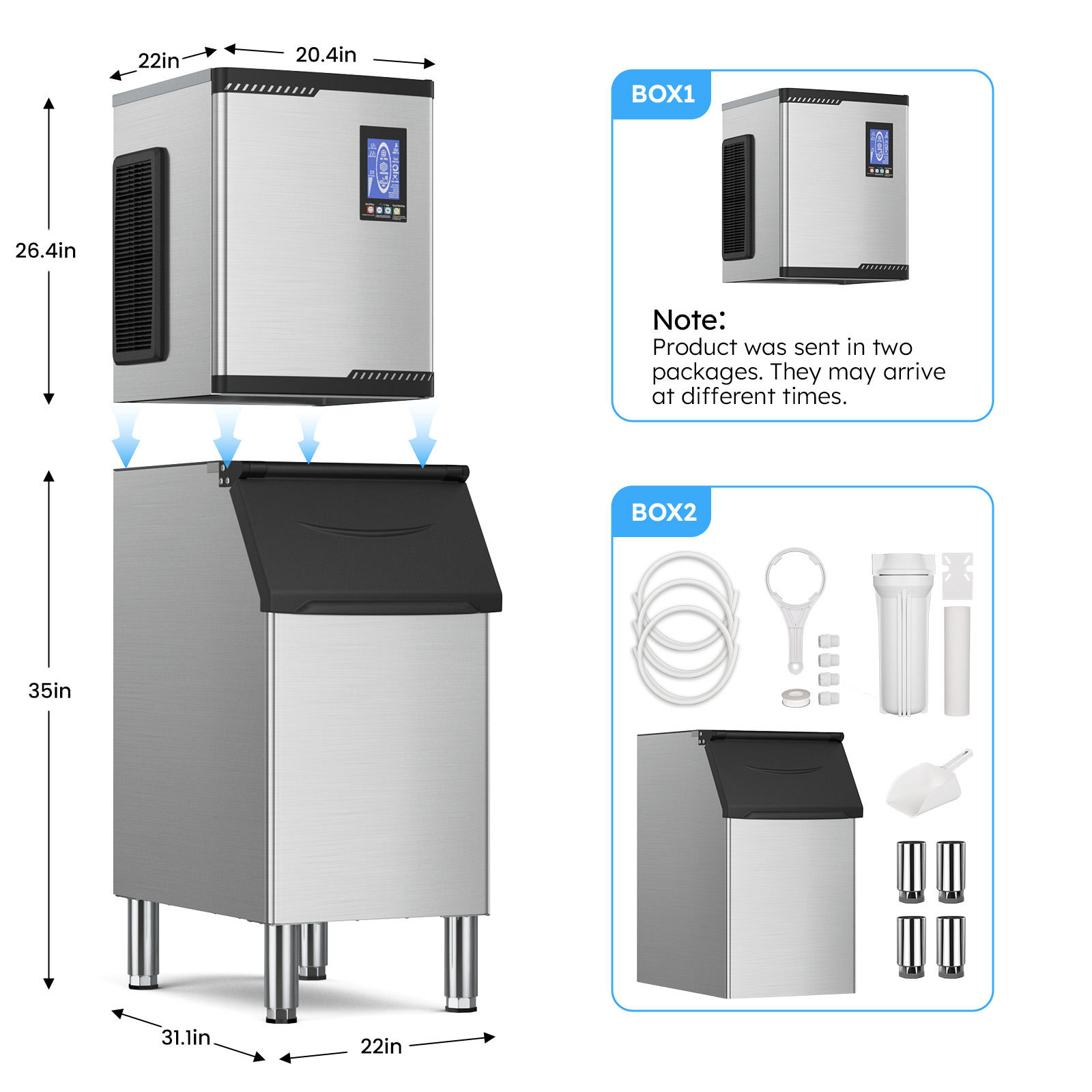 Commercial Ice Machine Industrial 650LBS/1 Day Ice Maker with 450 Storage Bin