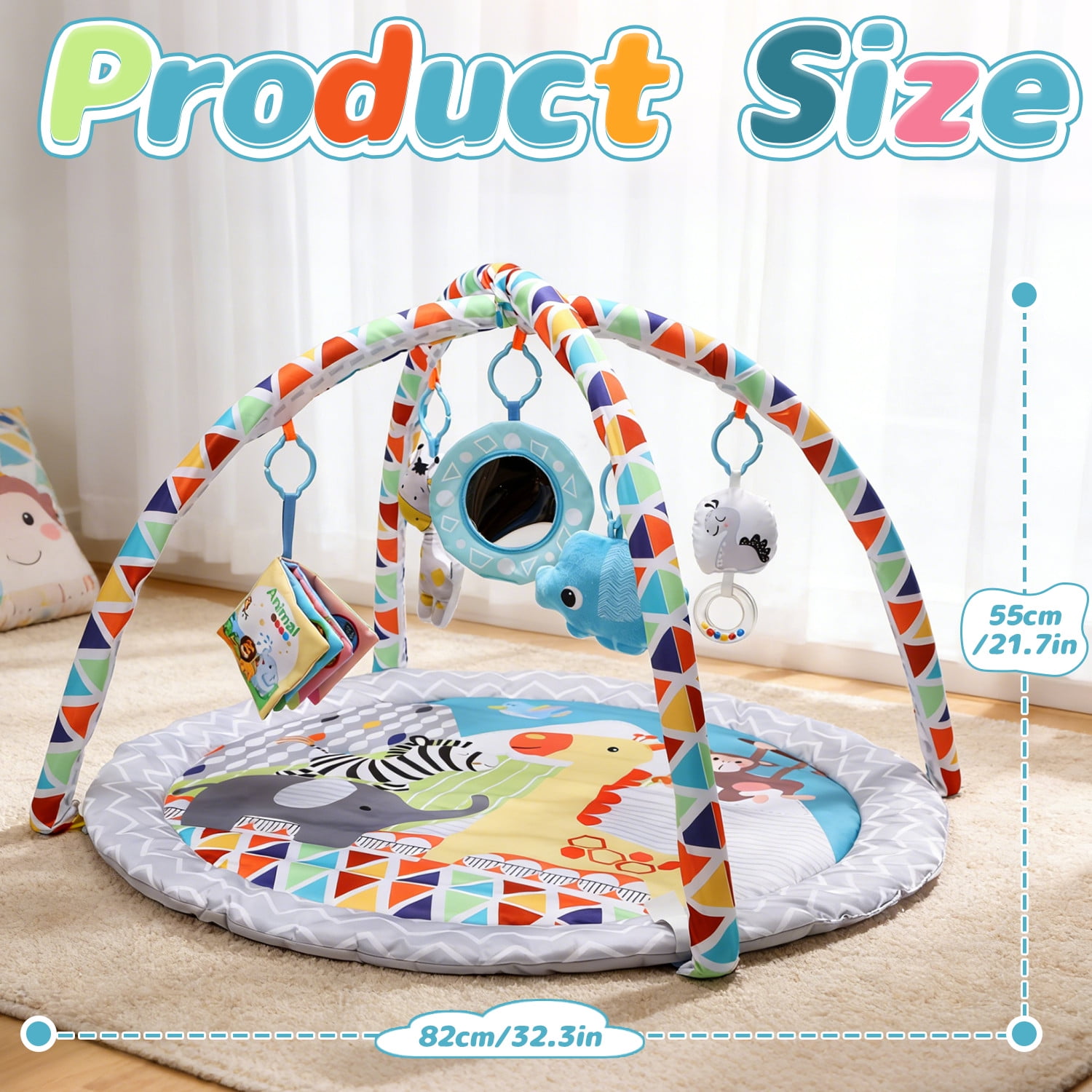 JoyStone Baby Gym Play Mat Activity Mat with 5 Detachable Toys, Round Tummy Time Play Mat for Newborns & Infants 0–12 Months