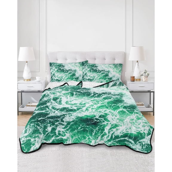 Quilts Queen Size, Sea Foam Soft Comforter Bedding Set for Bed, Nautical Coastal Tropical Green Ocean Waves Lightweight Quilted Bedspread with Pillow Cover(2 Pieces) for All Season, 90x96 Inch