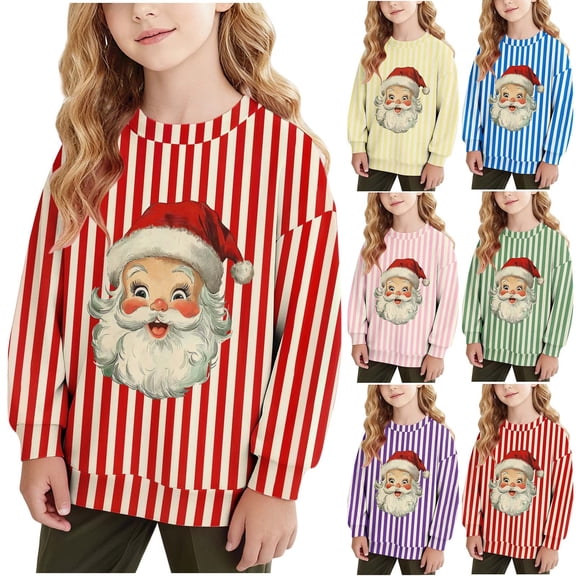 MKOSPLRT Santa Cluas Sweatshirts for Kids 1-15Y Long Sleeve Striped Pullover Crew Neck Warm Fleece Lined Sweat Shirts for Christmas