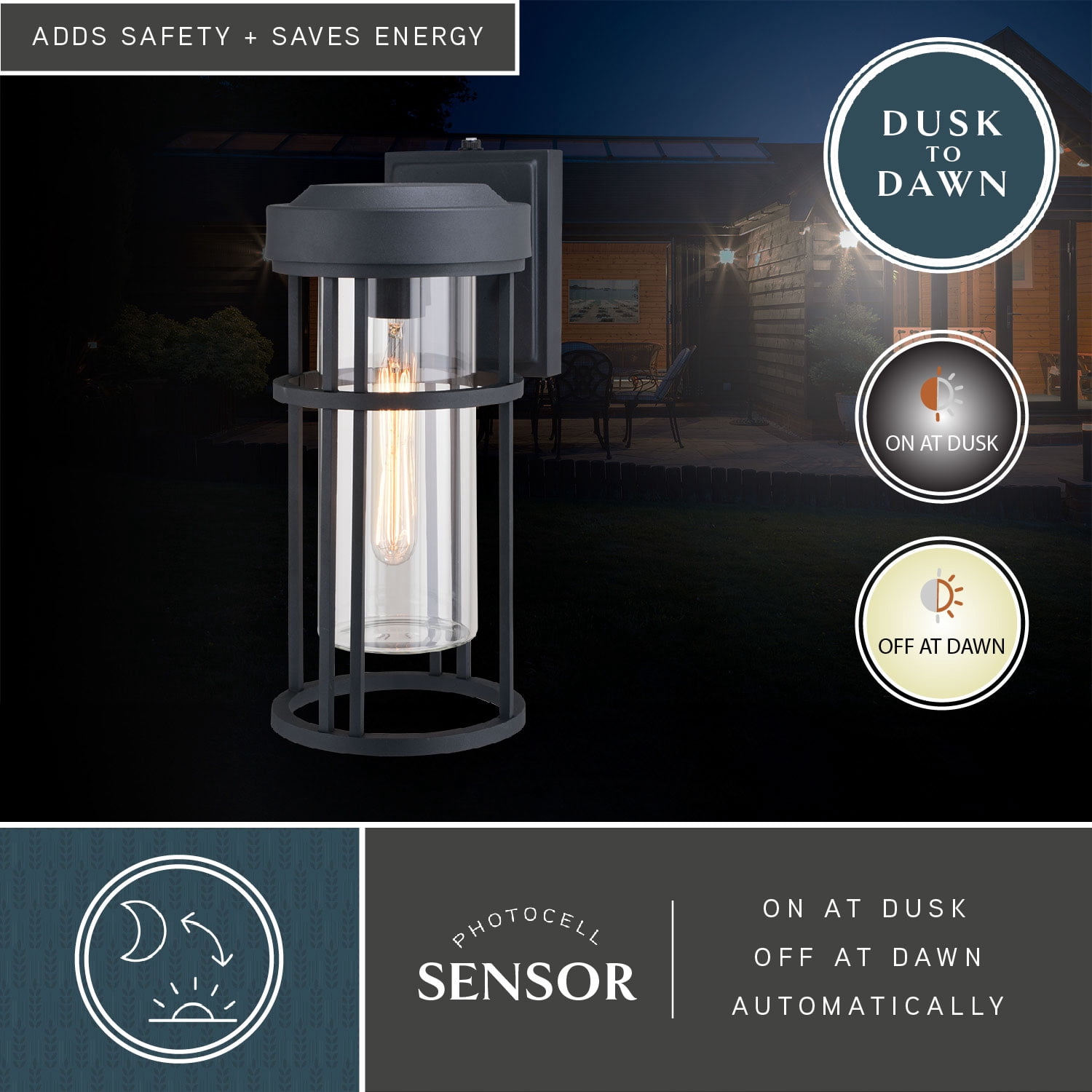 Crestline Aluminum 1 Light LED Compatible Dusk to Dawn Black Transitional Outdoor Wall Lantern Clear Glass