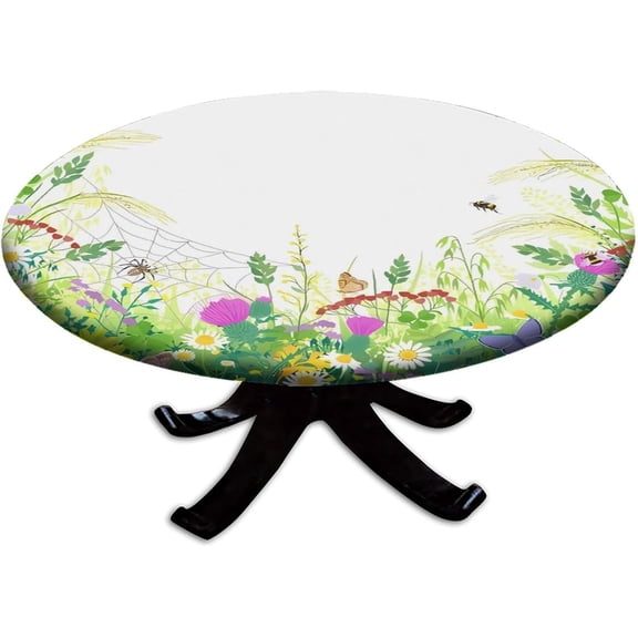 Elastic Edge Fitted Round Tablecloth, Colorful Flowers and Butterflies Washable Wipeable Table Cover, for Indoor Holiday Family Banquet and Outdoor Patio Use, Fit for 44" Table
