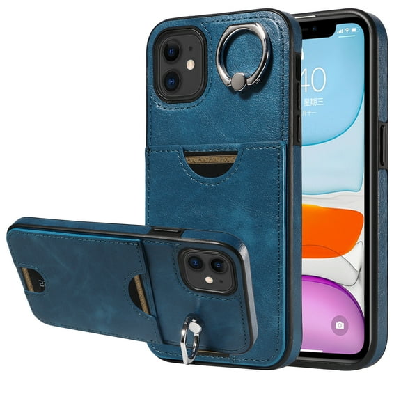 Case for iPhone 11 Wallet with Credit Card Holder & Finger Ring Kickstand, Premium PU Leather Slim Cover Shockproof Scratch Resistant Full Protection Phone Case for iPhone 11, Blue