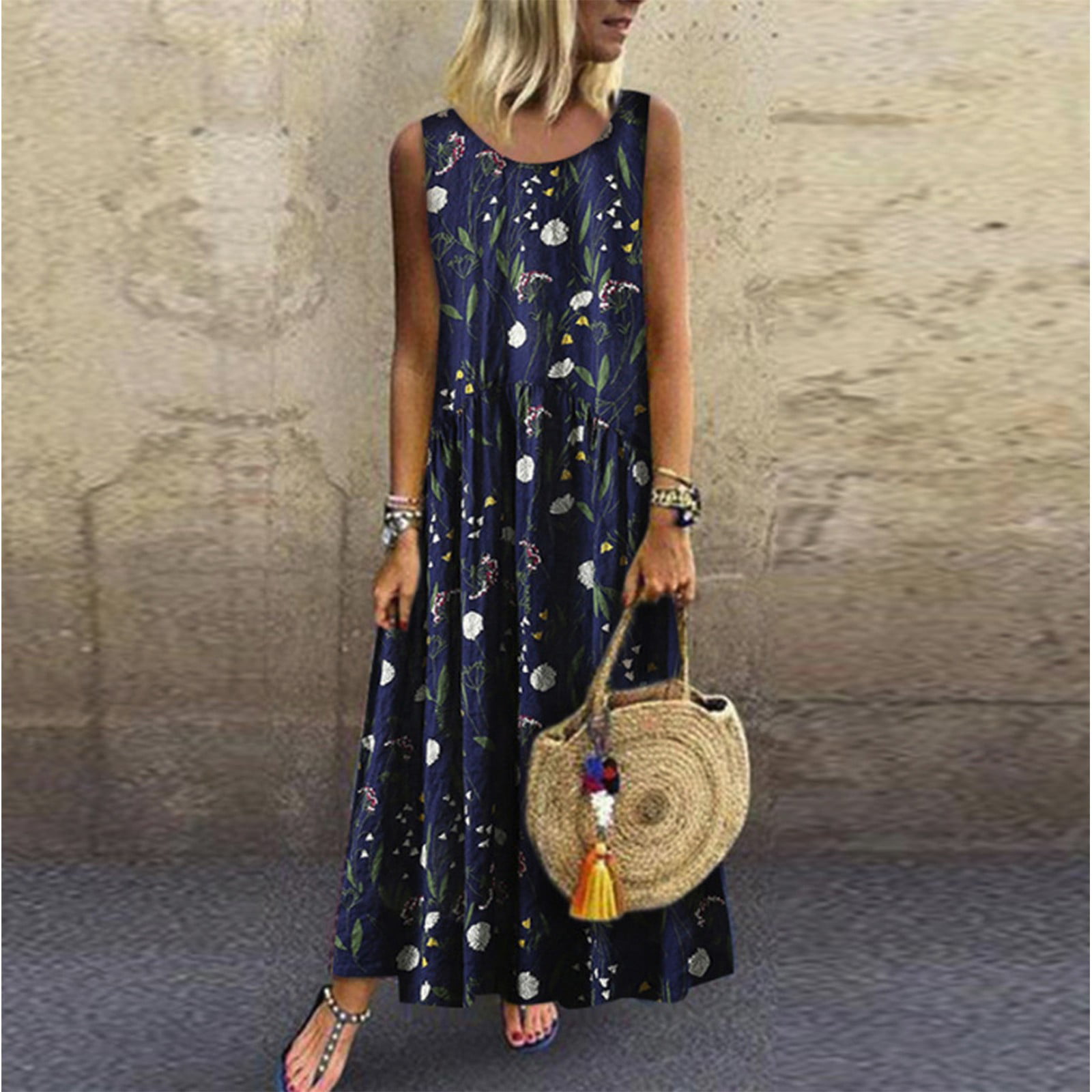 LINMOUA Women Plus Size Bohemian O-Neck Floral Print Vintage Sleeveless  Long Maxi Dress - Walmart.com