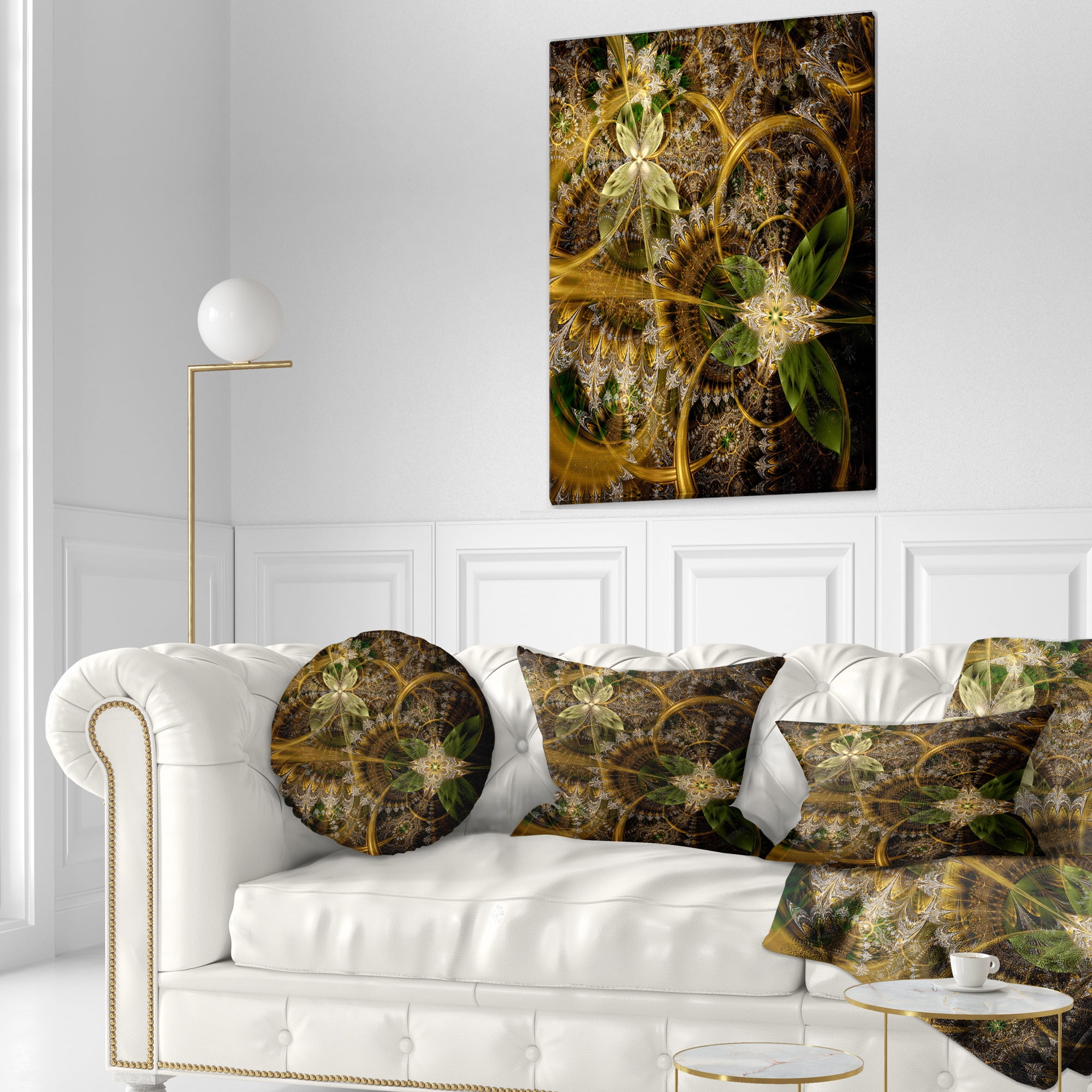 Designart Green Gold Digital Art Fractal Flower - Floral Throw Pillow - 12x20