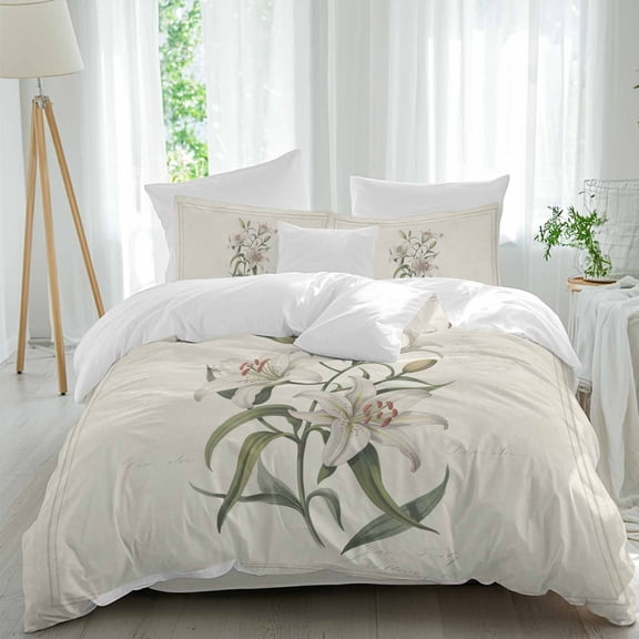 Vintage Art Flowers Twin Size Comforter Set, Lilies Floral Leaves Beige Court Style Bedding for All Seasons, 4 Pcs Bed Set, 1 Quiltcover (68"x86") ,1Sheet(67"x116"), 2Pillowcases (30"x20")
